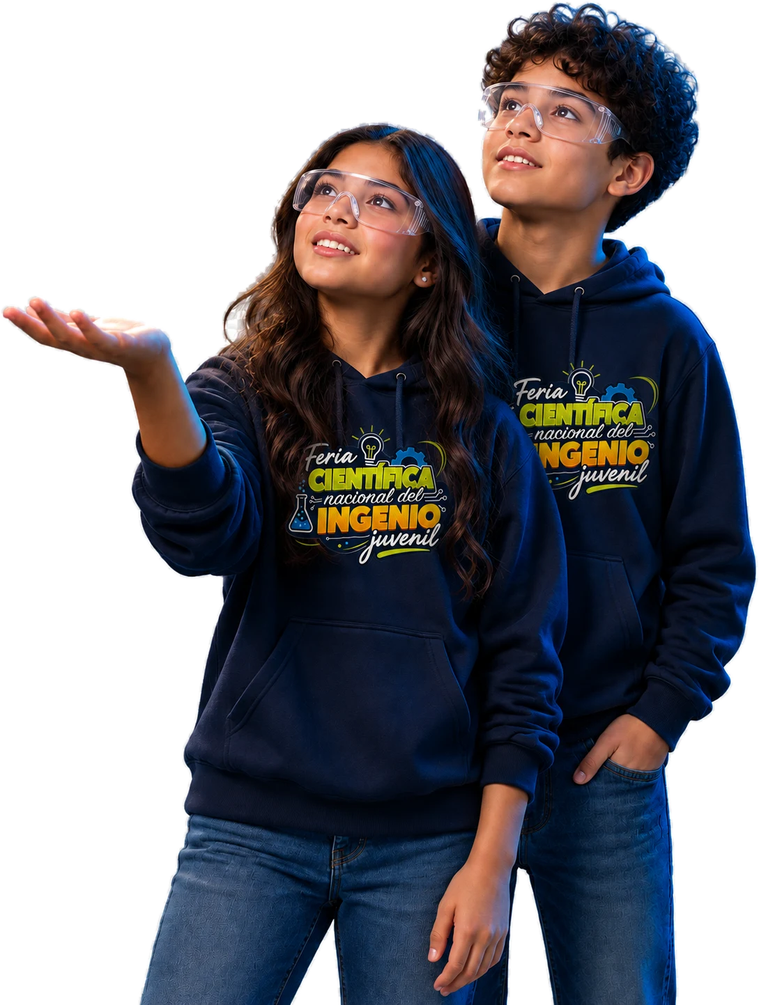 Dos estudiantes escolares jóvenes con el logo de la Feria Científica en su ropa